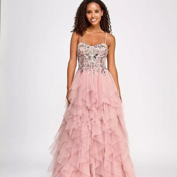 City Studios Juniors' Embroidered Sequined Ruffled Ball Gown Mauve Size 11/12 - Picture 1 of 6